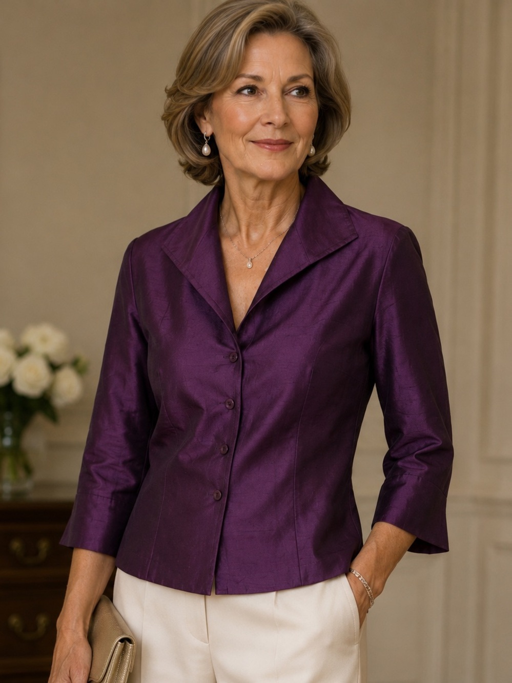 100% Silk Dupioni Blouse Purple Plum Raw Silk Career Occasion Top